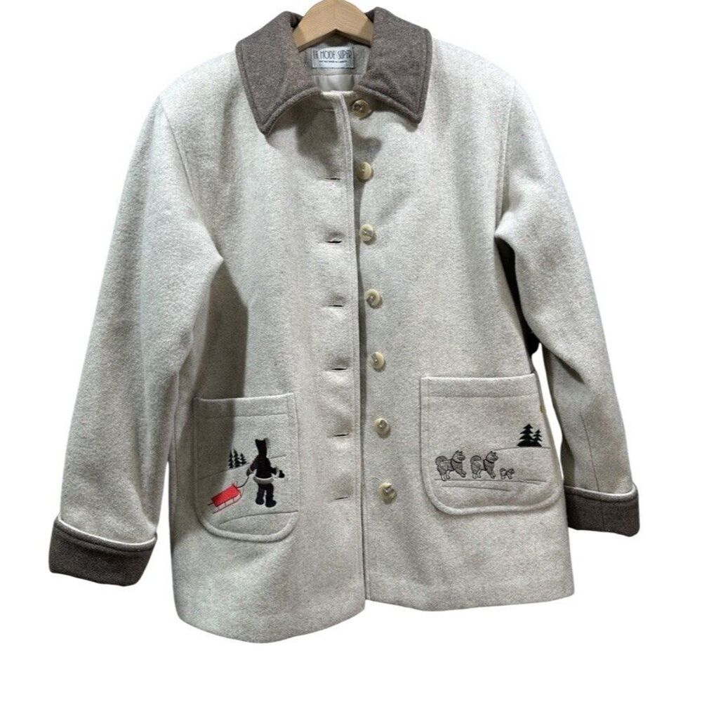 LA MODE SUPER Women’s M Wool Blend Lined Jacket Embroidered Winter Beige Vintage